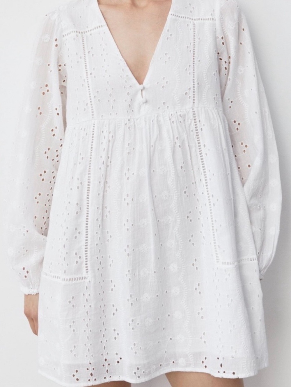 Sz XL Zara White Eyelet Vneck Long Sleeve Mini Dress - Picture 4 of 16